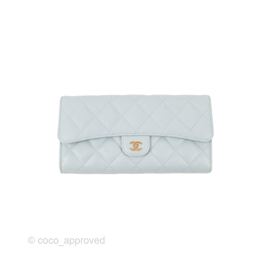 Chanel Classic Quilted Flap Long Wallet Light Blue Caviar Gold Hardware