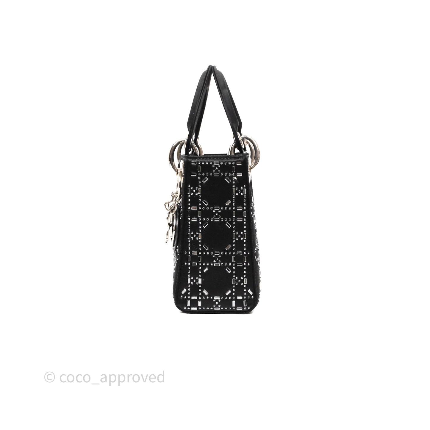 Christian Dior Mini Lady Dior Bag Black Strass Cannage Satin Silver Hardware