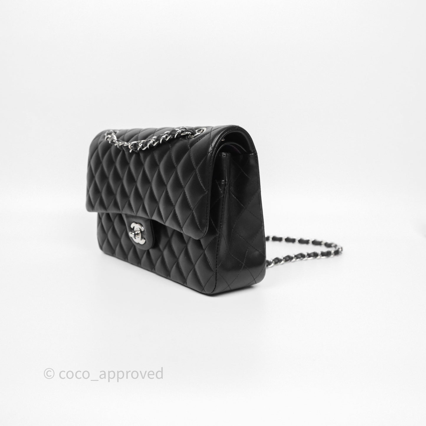 Chanel Classic M/L Medium Flap Quilted Black Lambskin Silver Hardware