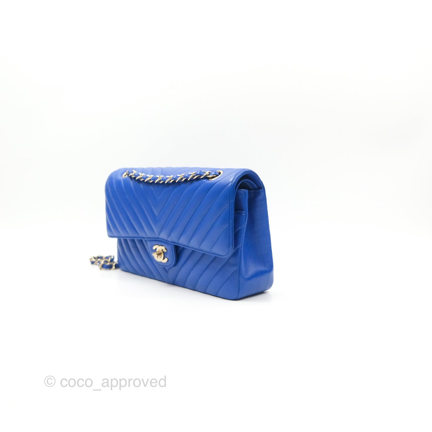 Chanel Medium Classic Flap Chevron Blue Lambskin Gold Hardware