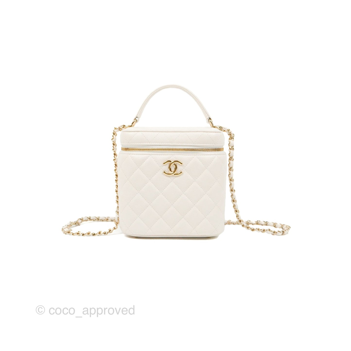 Chanel Quilted Top Handle Vanity Case White Caviar Gold Hardware