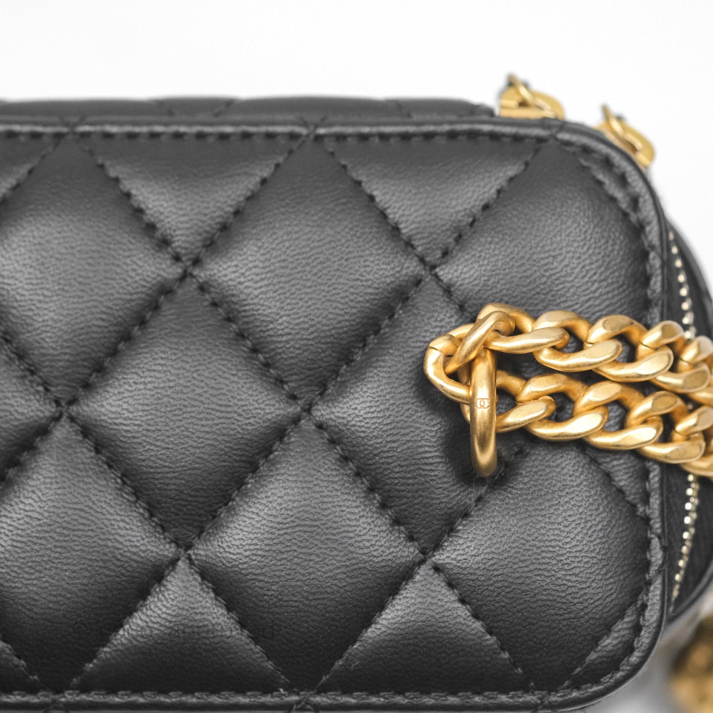 Chanel Quilted Vanity Rectangular with Camellia Adjustable Chain Black Lambskin 23S