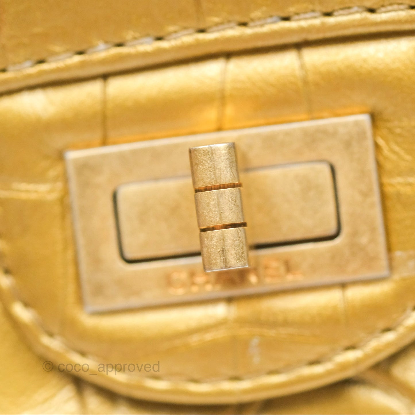 Chanel Reissue 2.55 Metallic Gold Crocodile Embossed Calfskin And Black Quilted Lambskin Aged Gold Hardware