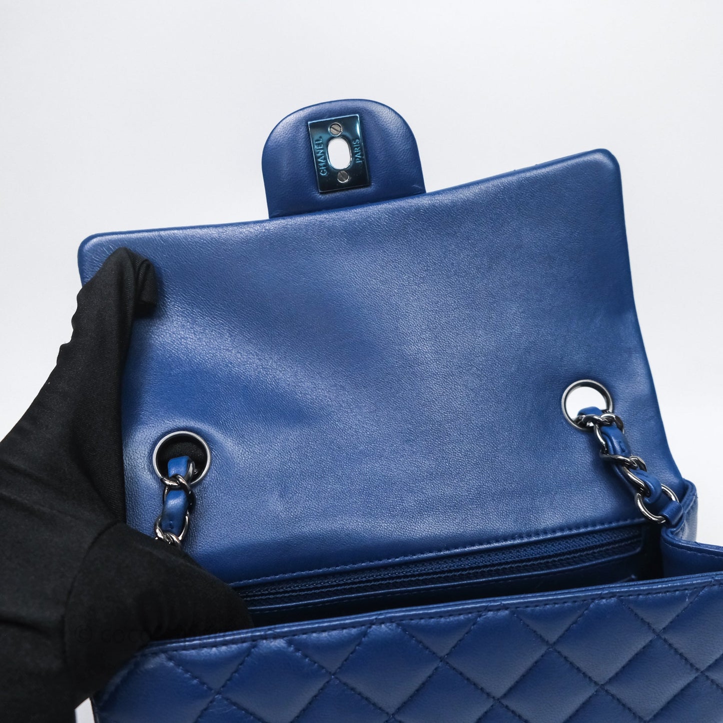 Chanel Mini Rectangular Flap Quilted Navy Lambskin Silver Hardware