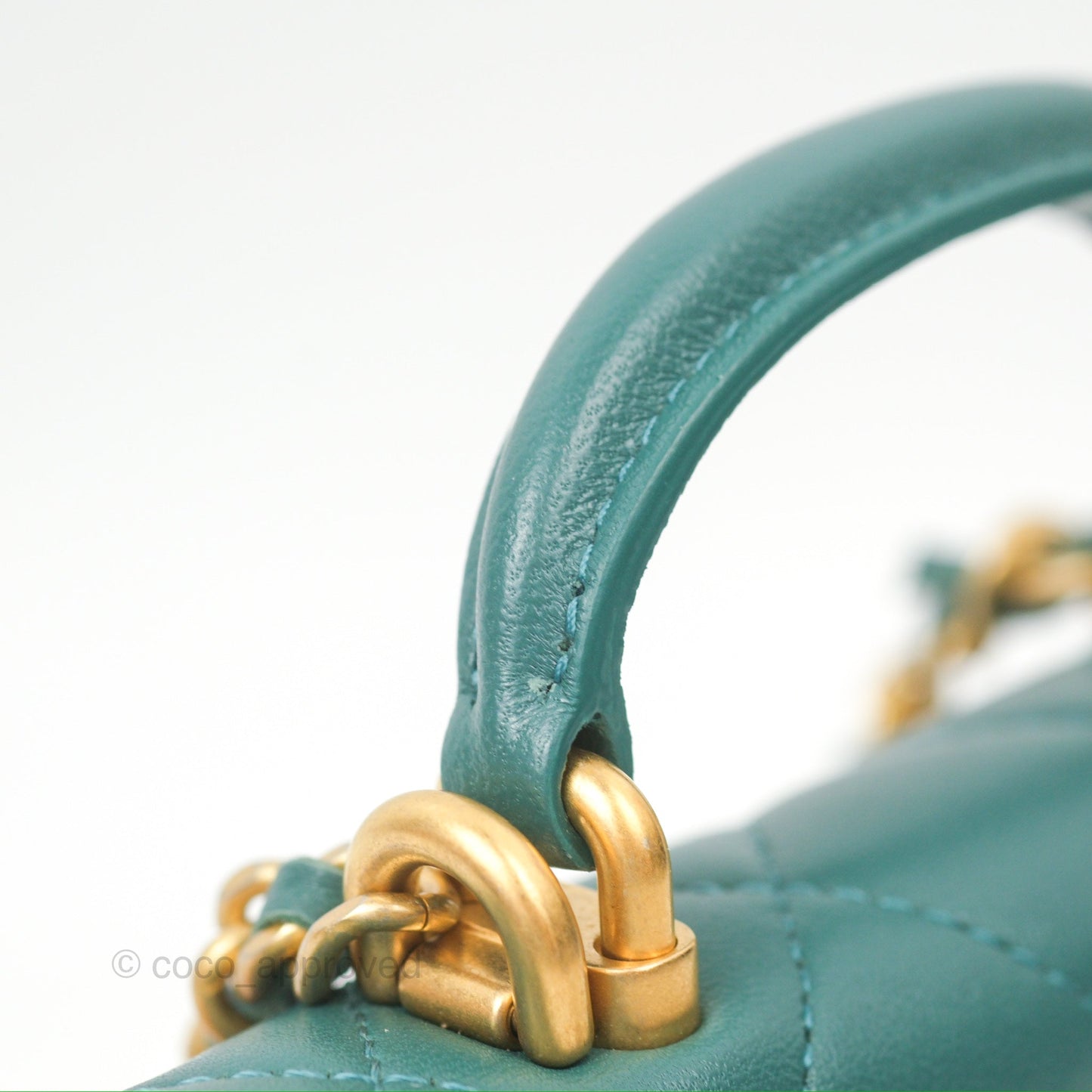Chanel Mini Handle Flap Coin Purse With Chain Teal Green Lambskin Aged Gold Hardware