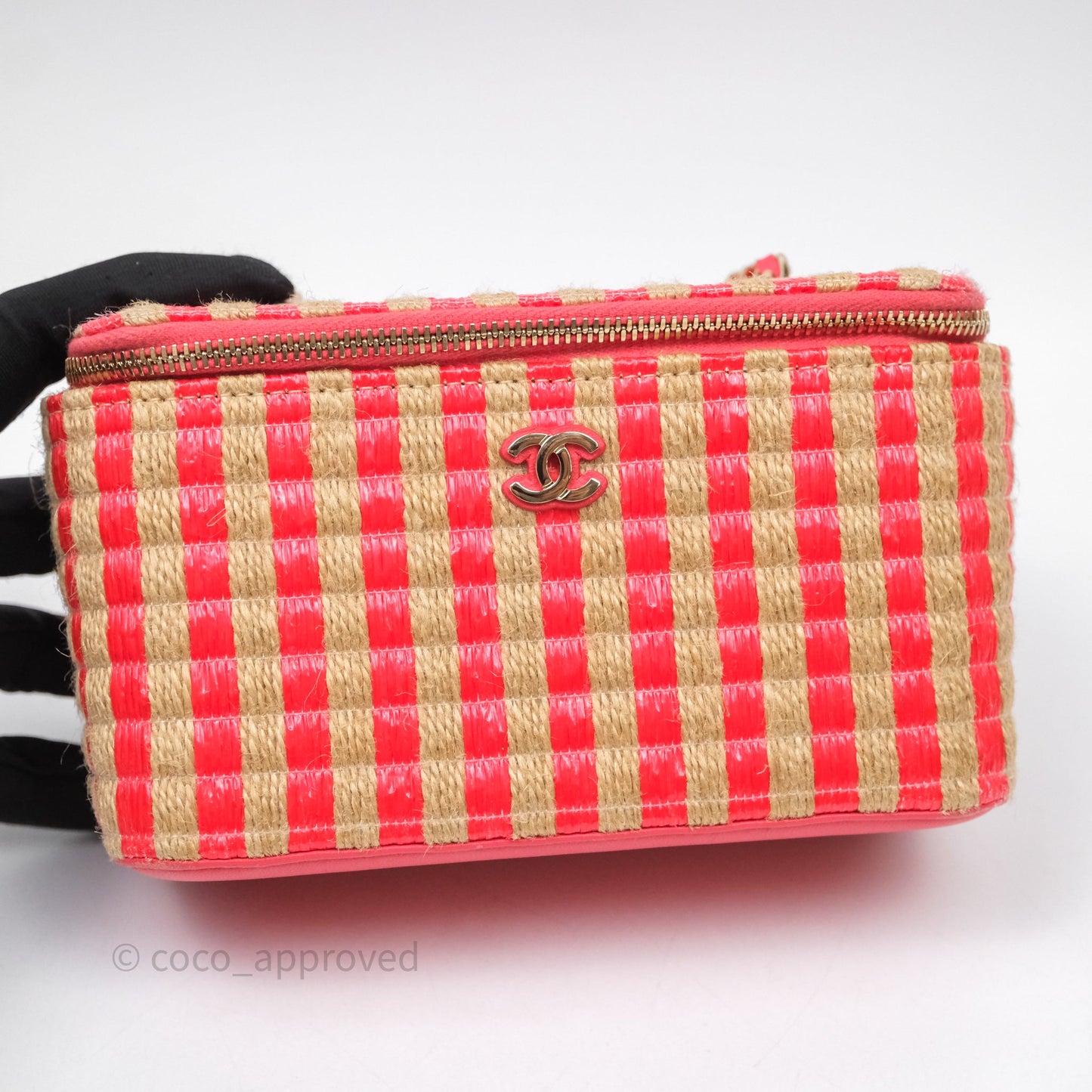 Chanel Vanity With Chain Striped Raffia Orange Gold Hardware