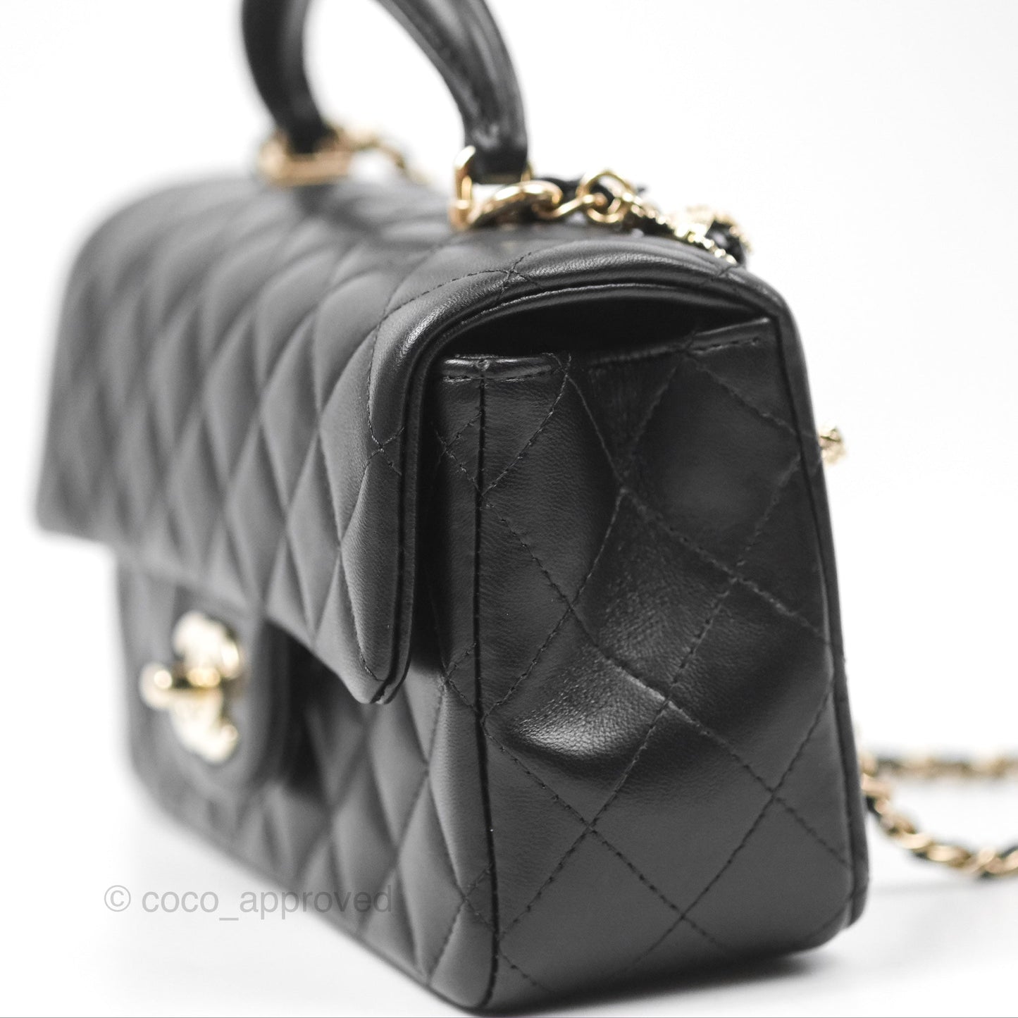 Chanel Top Handle Mini Rectangular Flap Bag with Charm Black Lambskin Gold Hardware