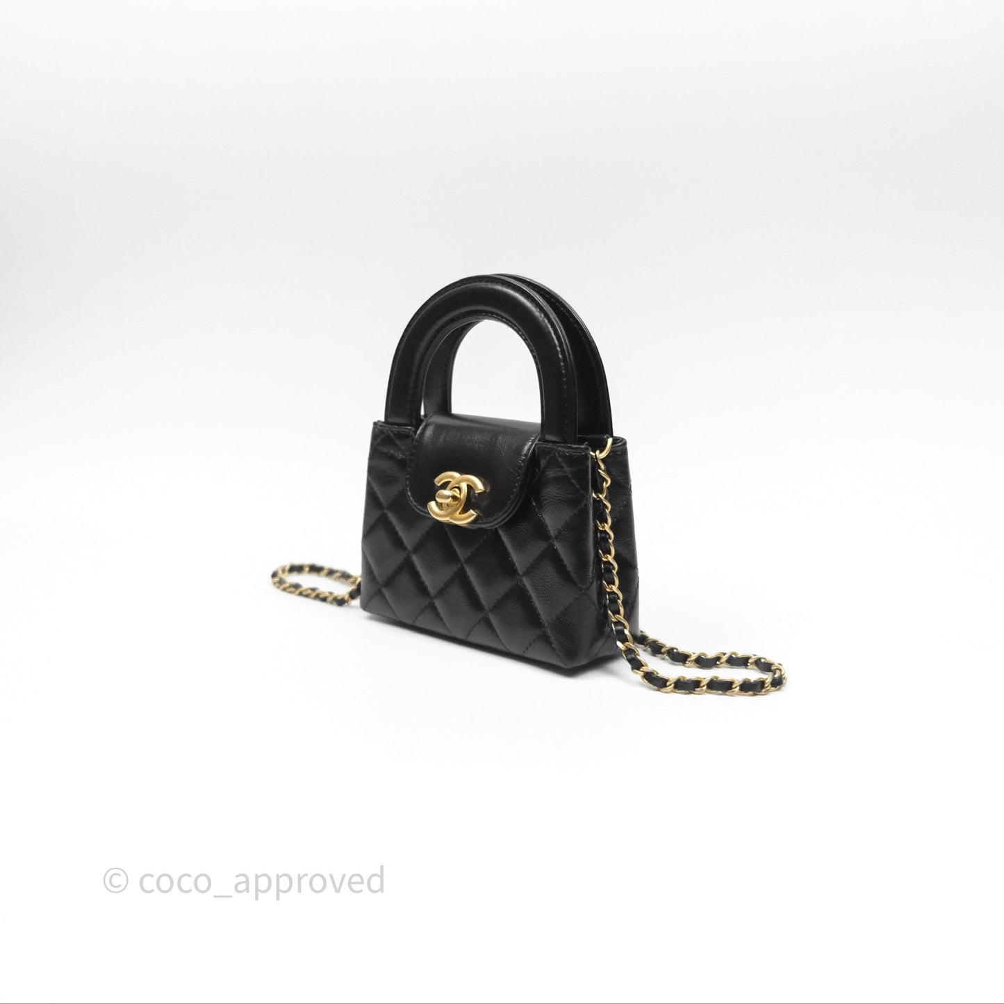Chanel Mini Nano Kelly Bag Black Shiny Calfskin Aged Gold Hardware