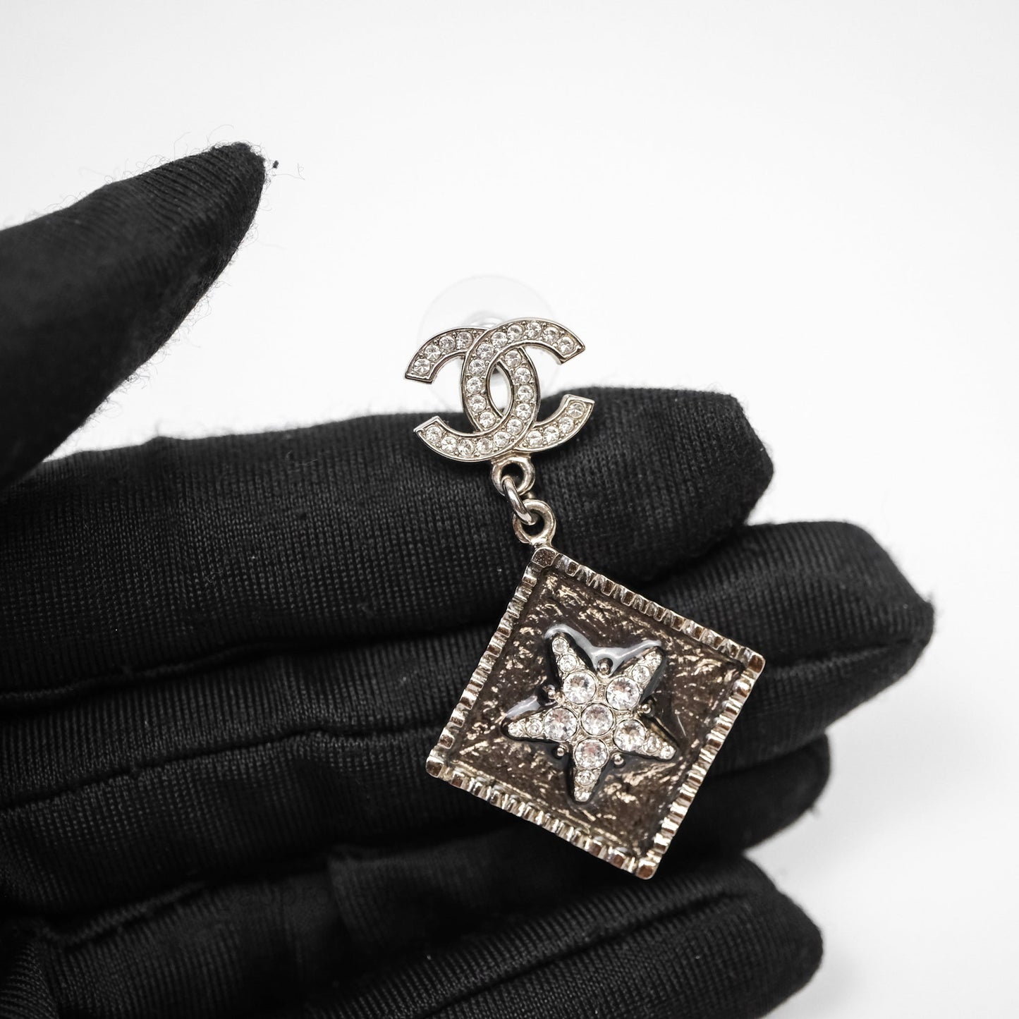 Chanel CC No 5 Star Crystal Earrings Silver Tone 22C