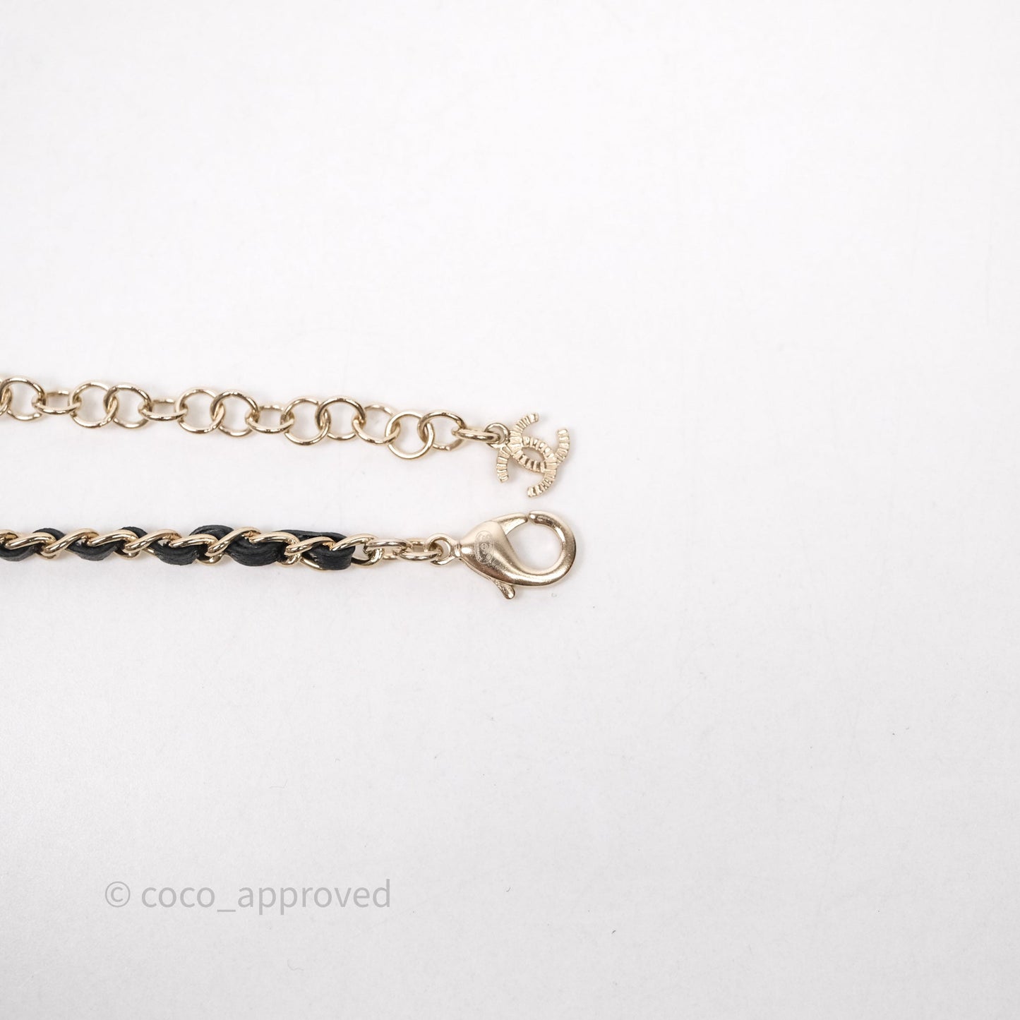 Chanel Double CC Crystals Black Leather Chain Choker Gold Tone 23V