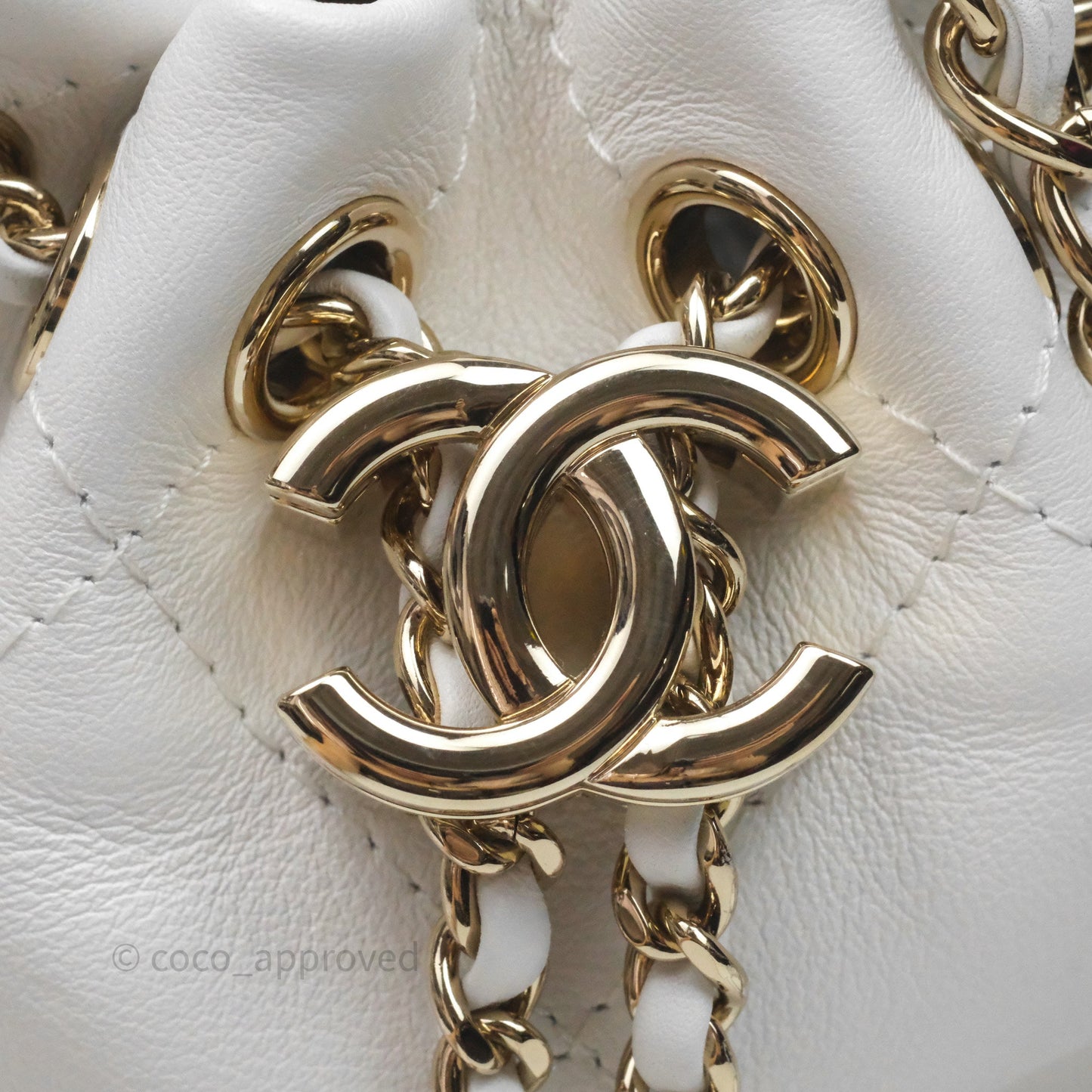 Chanel Quilted Drawstring Bucket Backpack White Calfskin Gold Hardware 24C