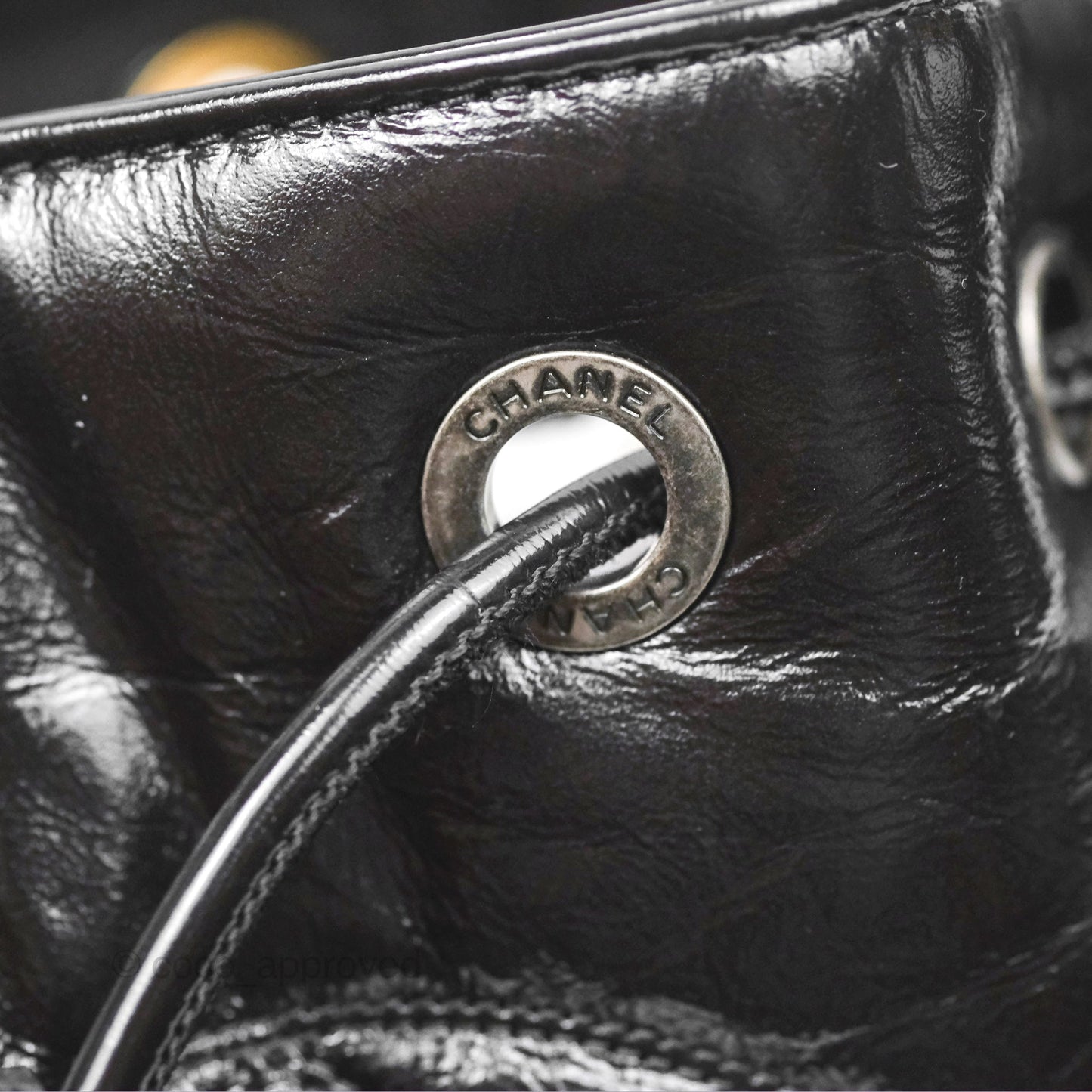 Chanel CC Drawstring Bucket Bag Black Shiny Aged Calfskin