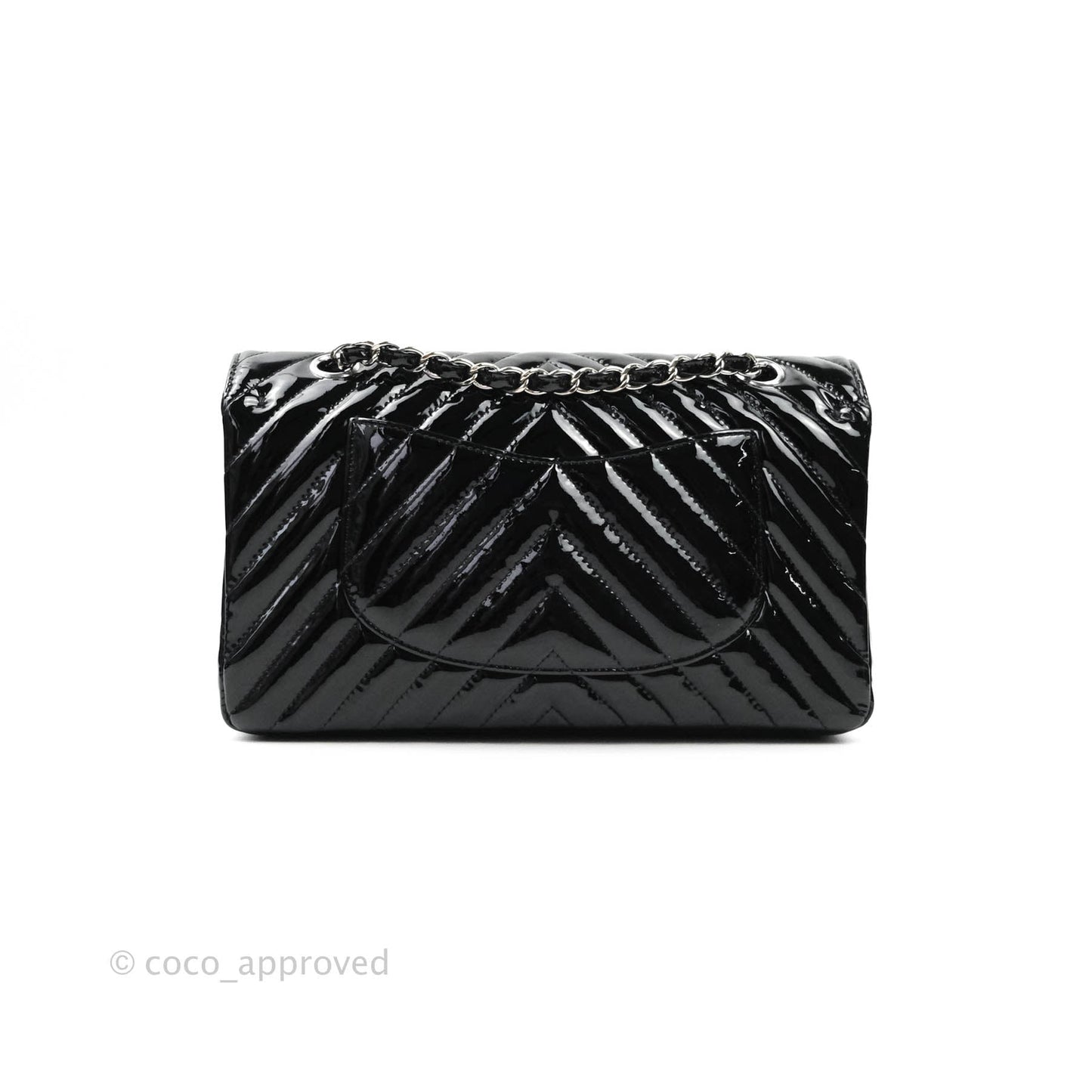 Chanel Classic Chevron M/L Medium Double Flap Black Patent Silver Hardware