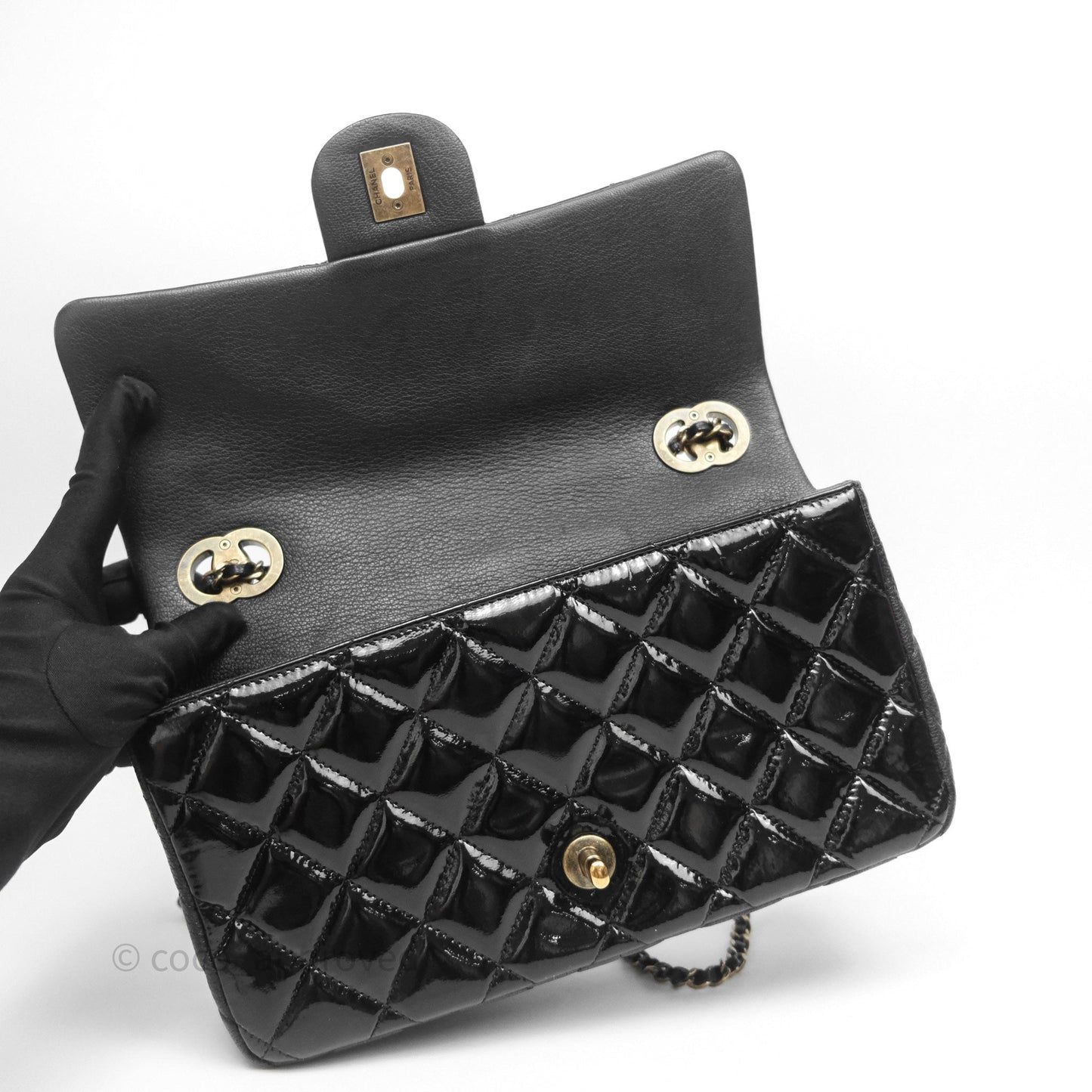 Chanel Quilted Medium Eyelet Flap Bag Black Patent Aged Gold Hardware