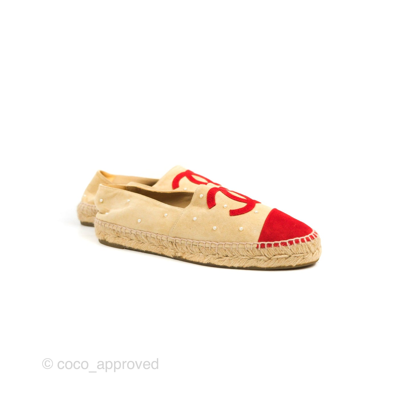 Chanel CC Beige Red Espadrilles with Pearl Size 39