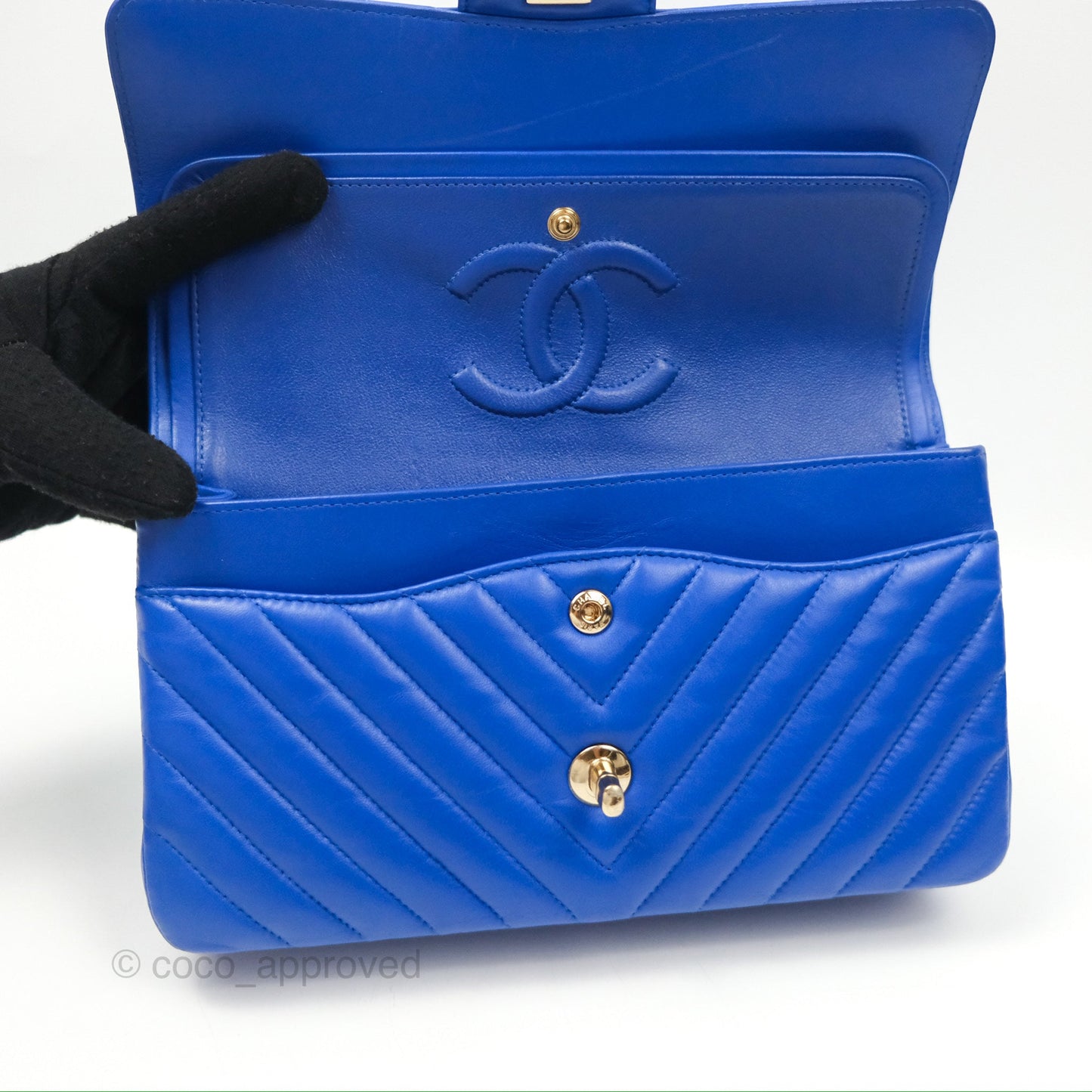 Chanel Medium Classic Flap Chevron Blue Lambskin Gold Hardware