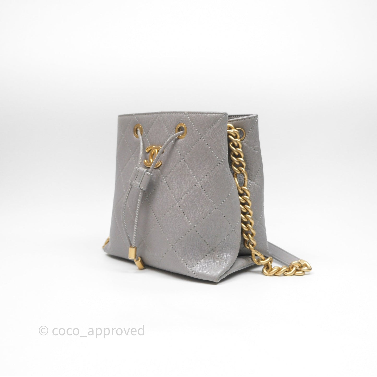 Chanel Drawstring Bucket Bag Grey Grained Calfskin Aged Gold Hardware