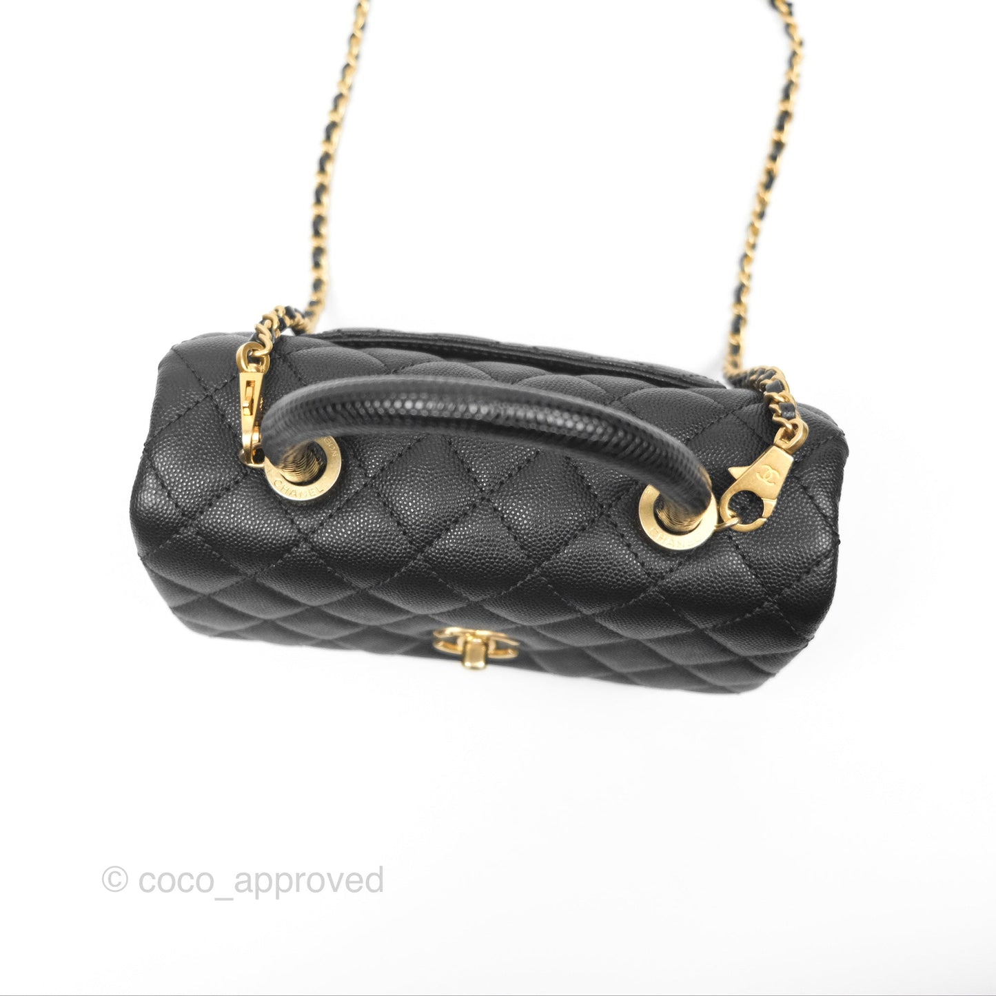 Chanel Small Coco Handle Quilted Black Caviar Aged Gold Hardware Lizard Handle