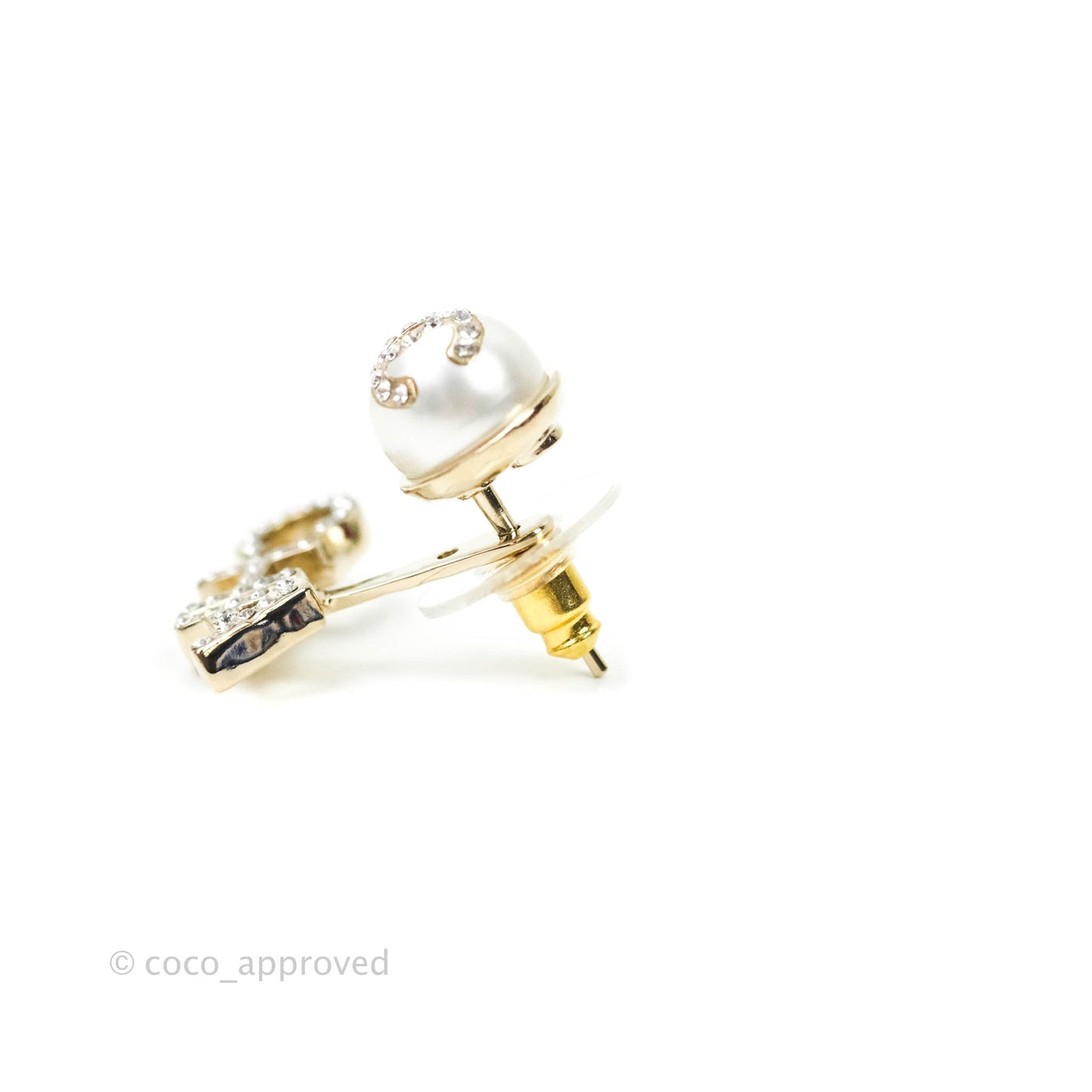 Chanel CC Pearl Rhinestone Earrings Gold Tone 21A