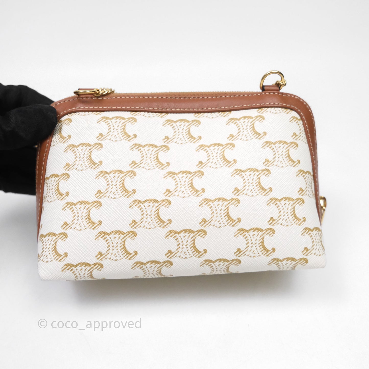 Celine Clutch With Chain Triomphe Canvas Lambskin White/Tan