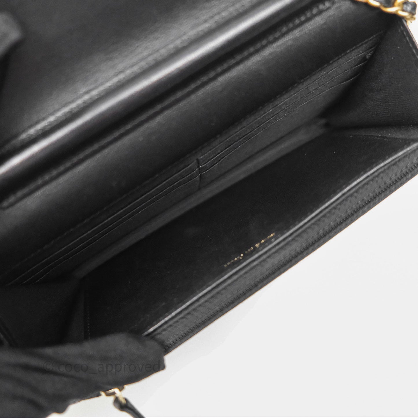Chanel Reversed Chevron Wallet On Chain WOC Black Lambskin Aged Gold Hardware