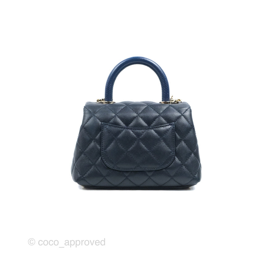 Chanel Mini Coco Handle Quilted Navy Caviar Gold Hardware Lizard Embossed Handle