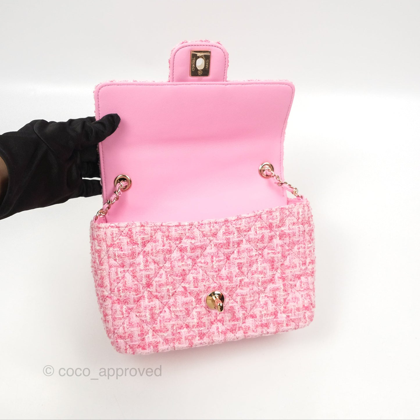 Chanel Flap Bag with Heart Resin Charm Chain Pink Tweed Gold Hardware