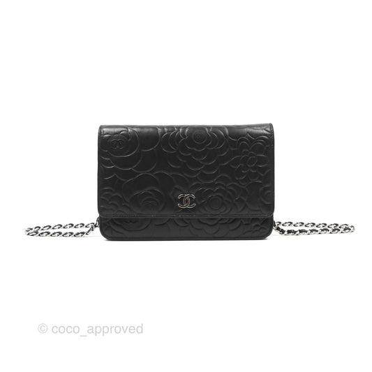 Chanel Camellia Embossed Wallet on Chain WOC Black Lambskin Silver Hardware