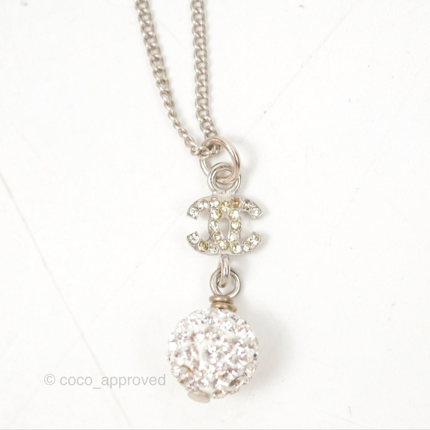 Chanel Crystal CC Pearl Drop Necklace Silver Tone 11P