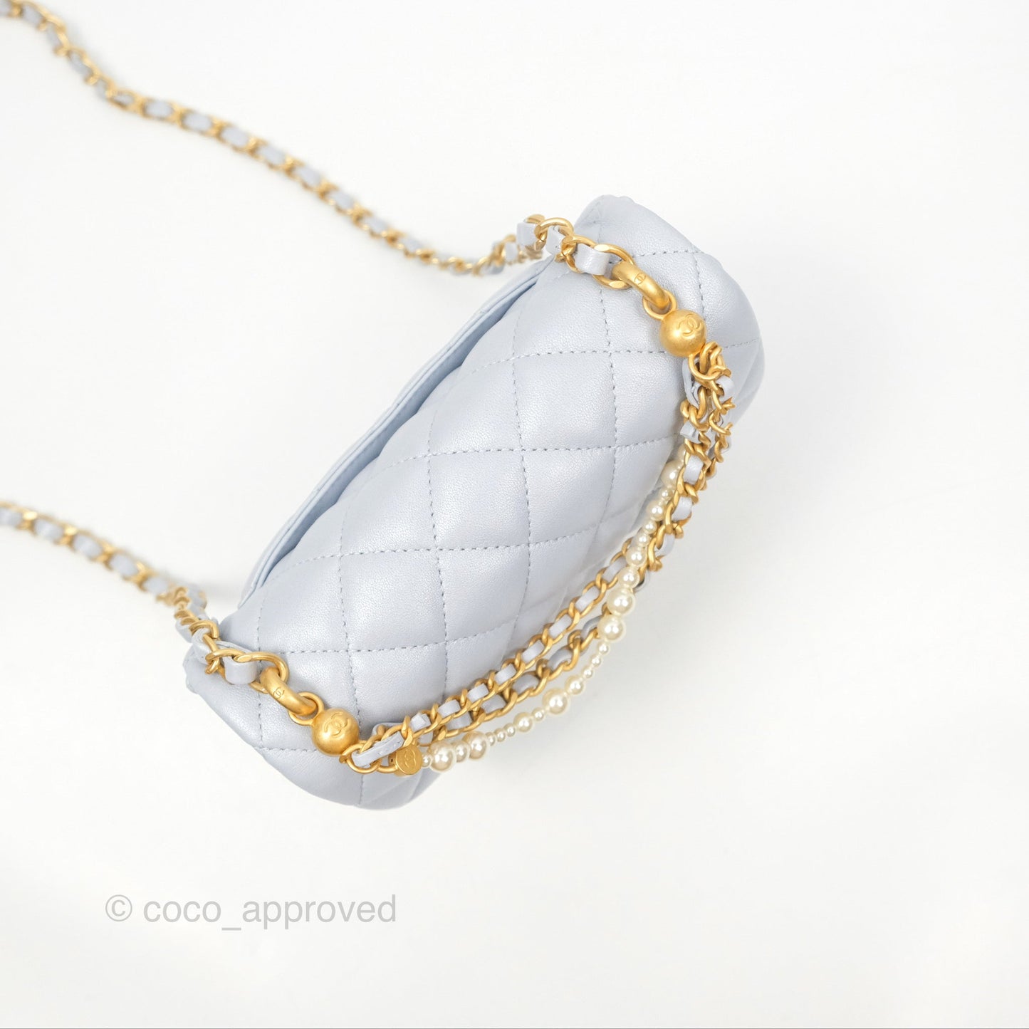 Chanel Mini Flap Bag with Pearl Chain Pearly Light Blue Lambskin Aged Gold Hardware 24P