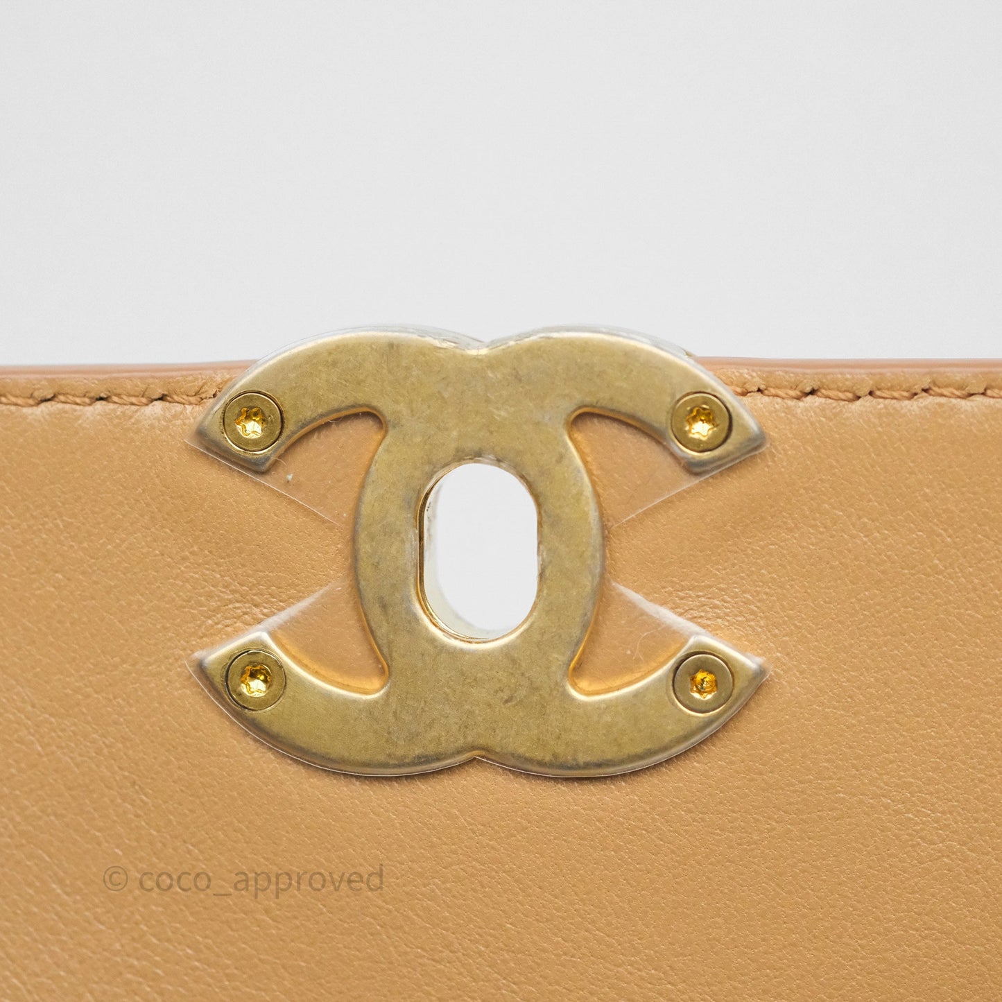Chanel Small Coco Luxe Flap Bag Caramel Beige Calfskin Aged Gold Hardware