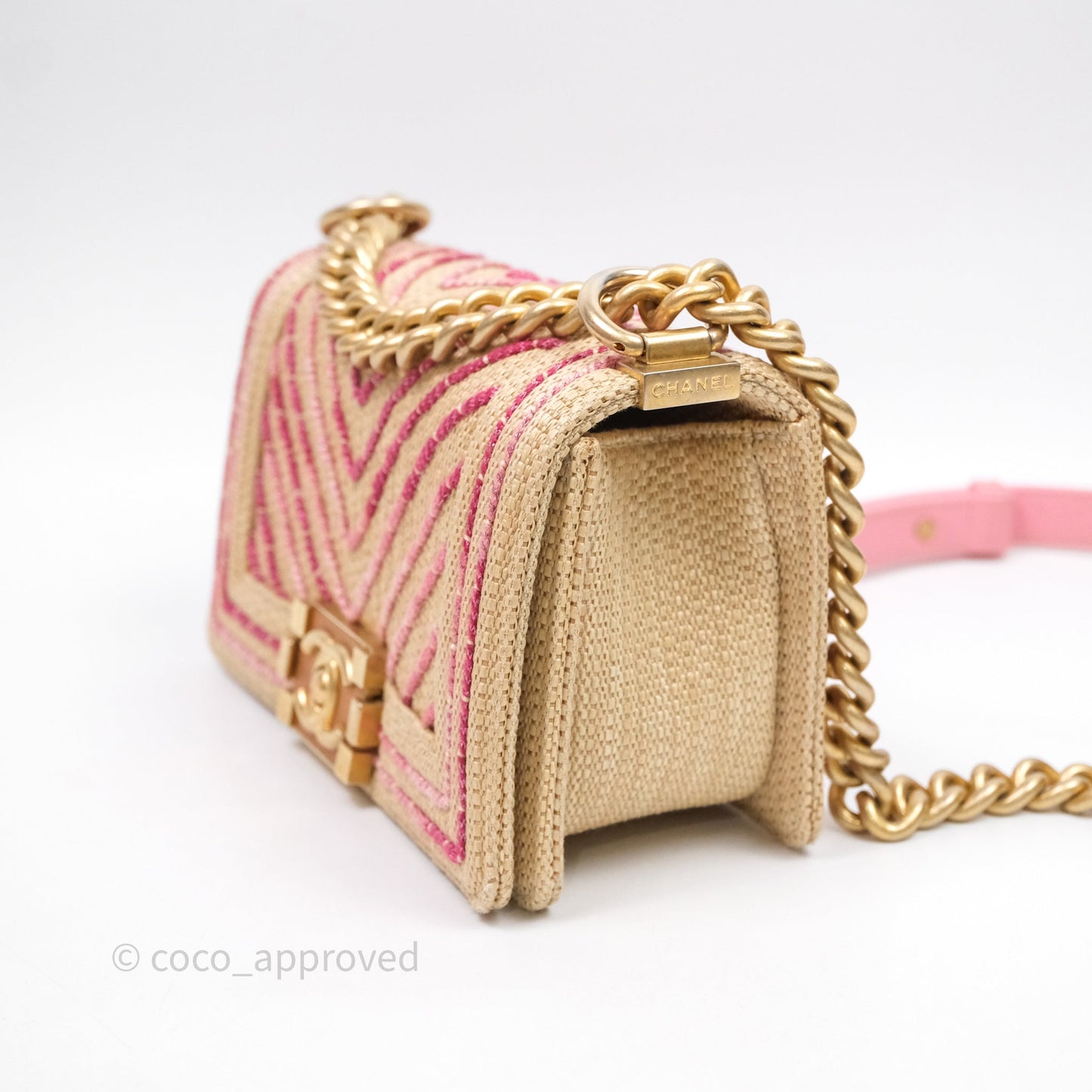 Chanel Small Boy Chevron Raffia Metallic Pink Aged Gold Hardware