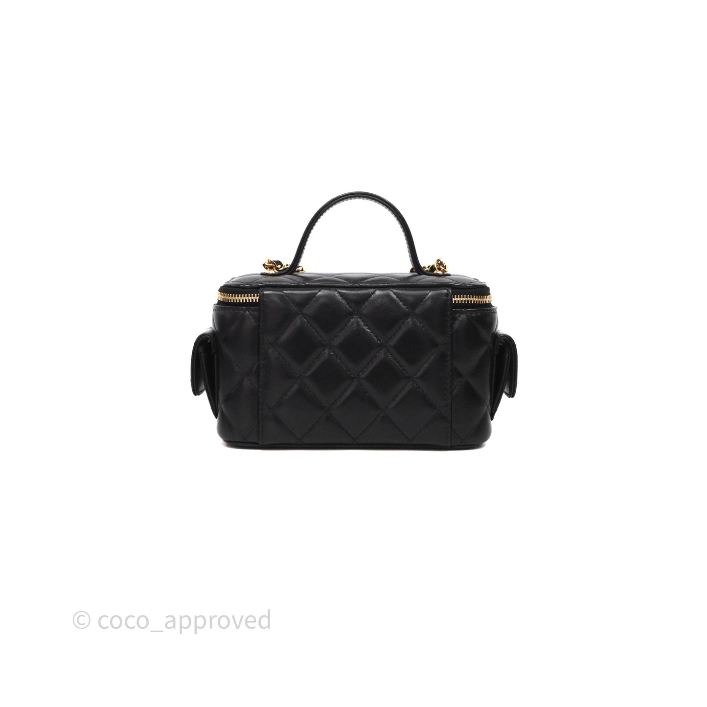 Chanel Quilted Top Handle Pocket Vanity Case Black Shiny Lambskin Bag Gold Hardware