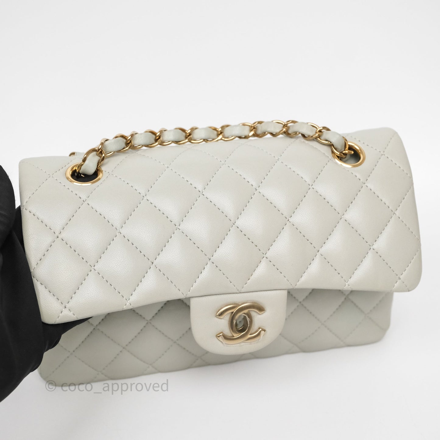 Chanel Small Classic Flap Quilted Grey Lambskin Gold Hardware