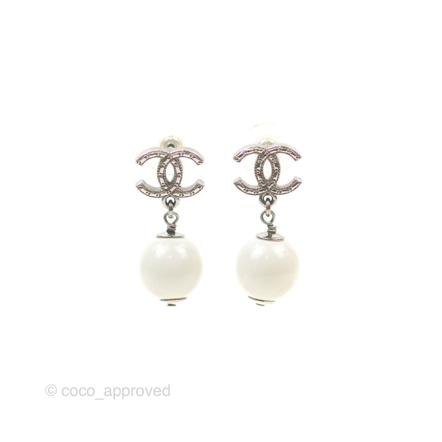 Chanel CC Pearl Drop Earrings Gun Metal 13A