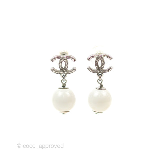 Chanel CC Pearl Drop Earrings Gun Metal 13A