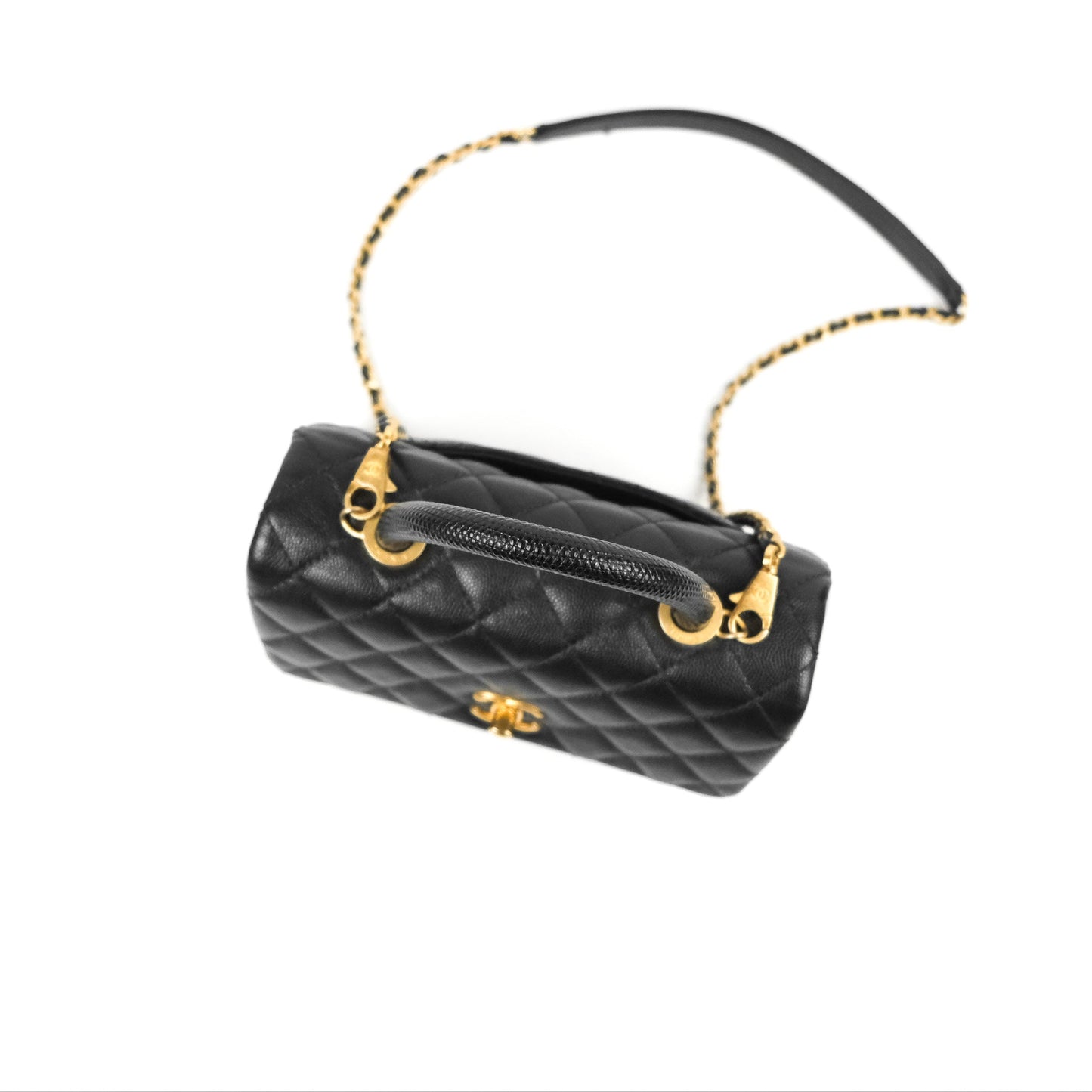 Chanel Small Coco Handle Quilted Black Caviar Aged Gold Hardware Lizard Handle