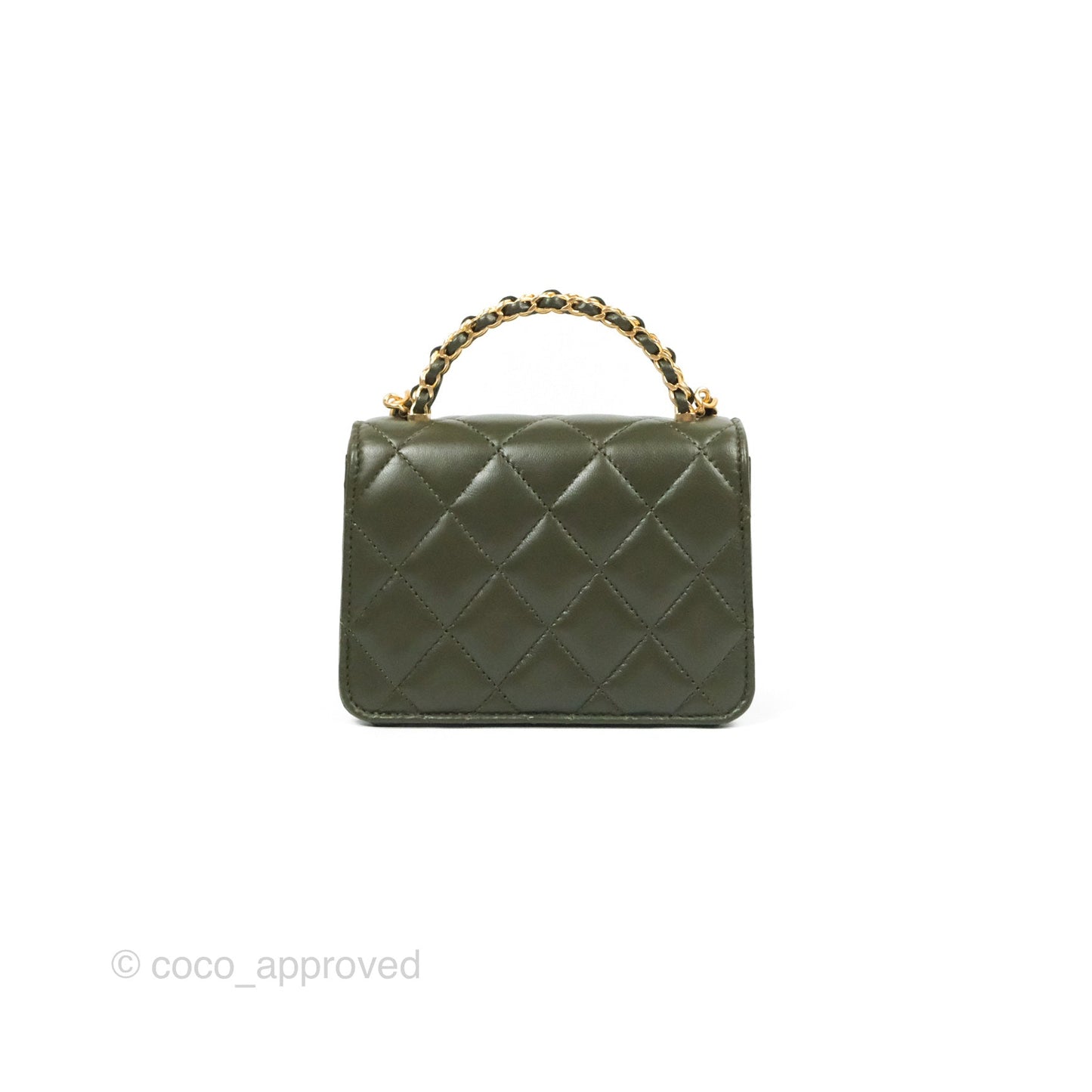 Chanel Top Handle Clutch With Chain Army Green Lambskin Aged Gold Hardware