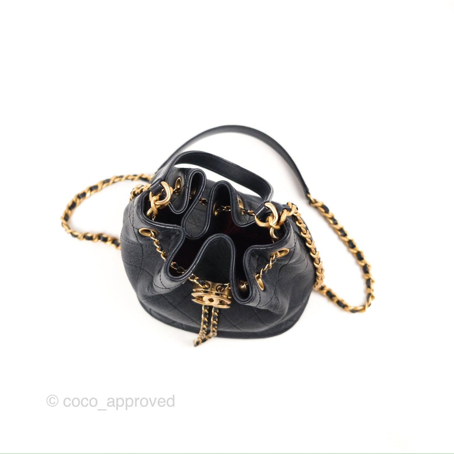 Chanel Quilted Top Handle Drawstring Bucket Bag Iridescent Navy Calfskin Aged Gold Hardware