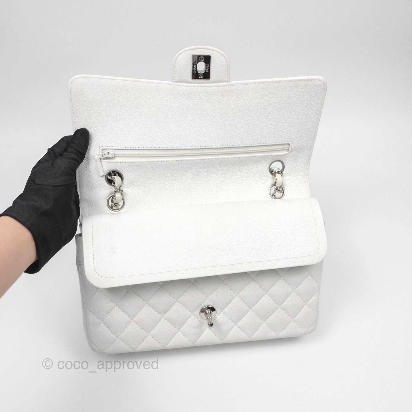 Chanel Classic M/L Medium Flap Quilted White Caviar Silver Hardware