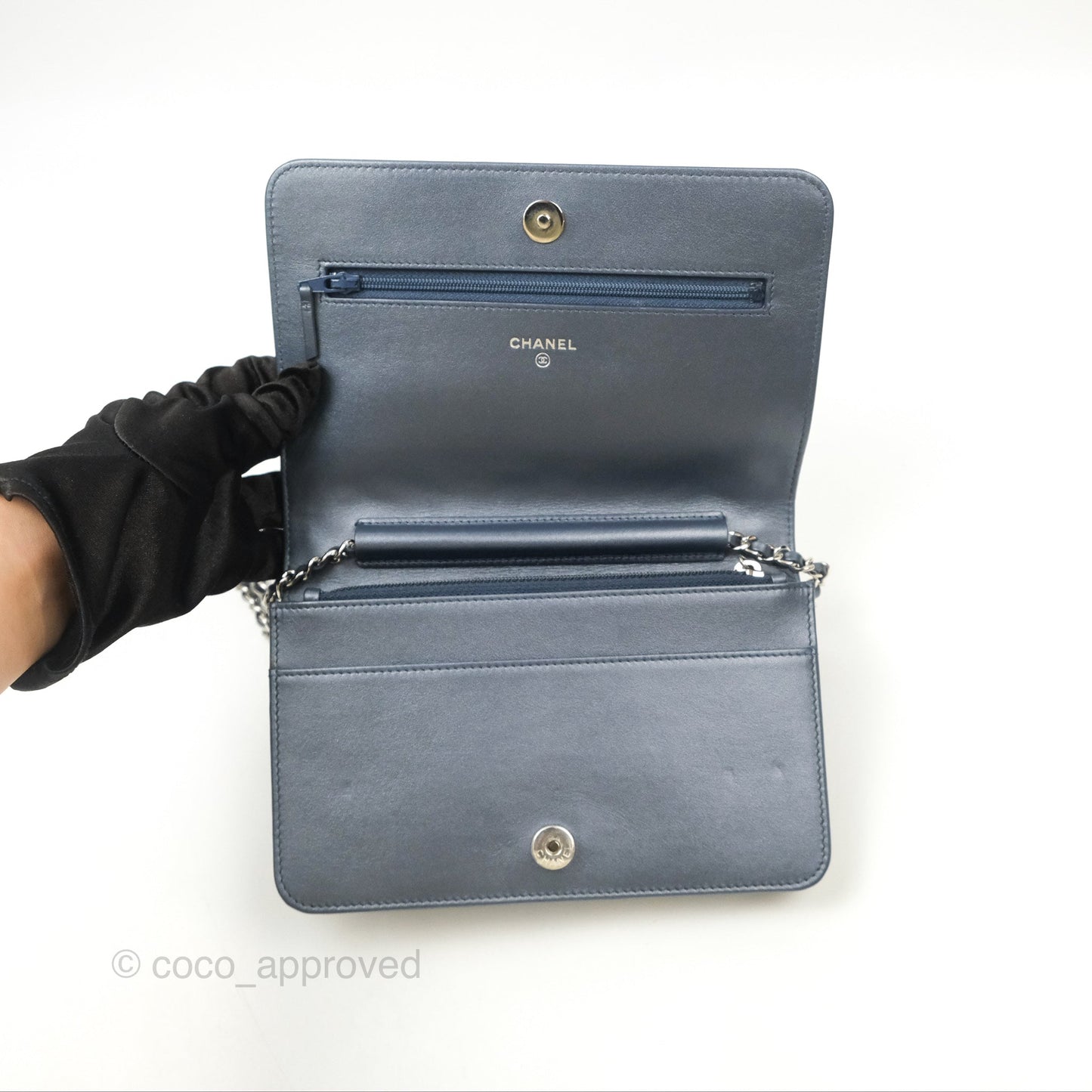 Chanel Camellia Wallet on Chain WOC Iridescent Navy Calfskin Silver Hardware
