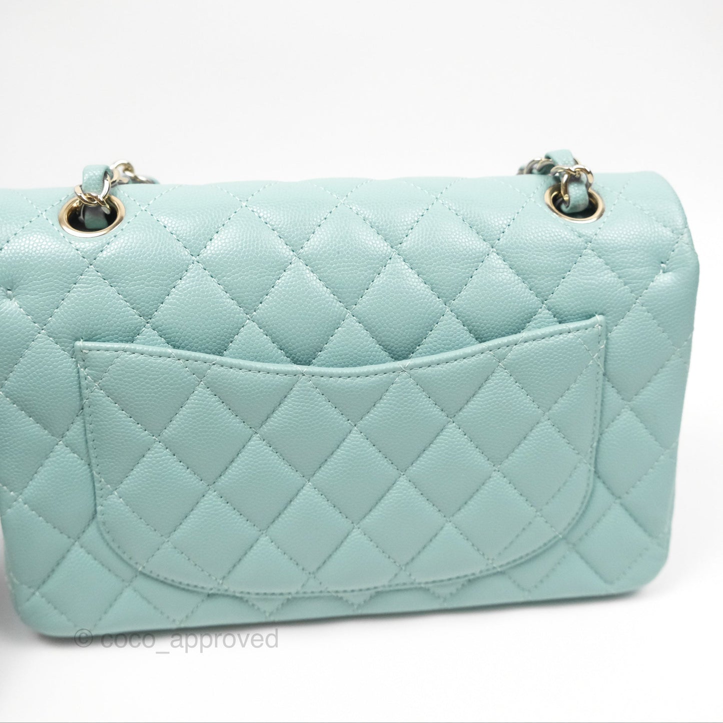 Chanel Small Classic Quilted Flap Tiffany Green Caviar Gold Hardware