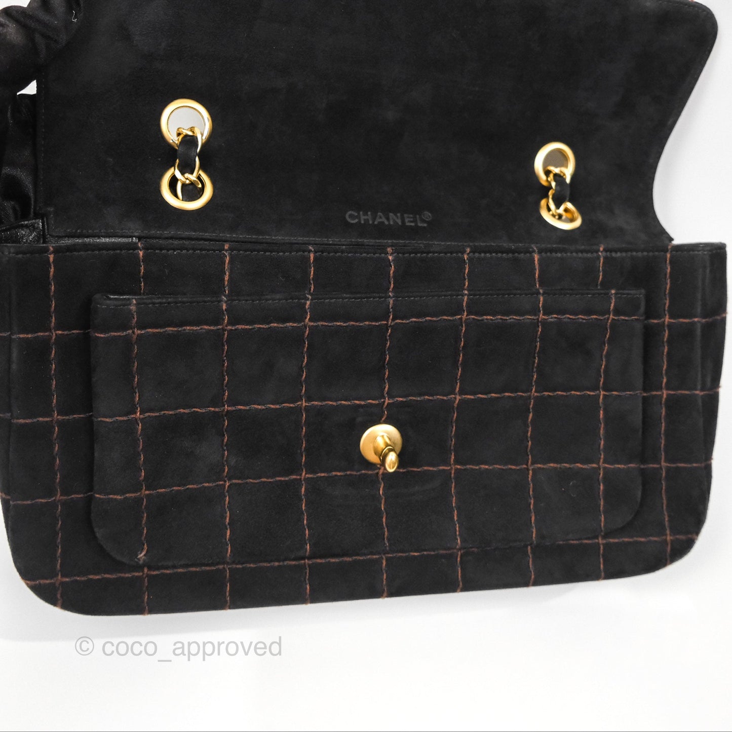 Chanel Bar Flap Black Suede Blushed Gold Hardware