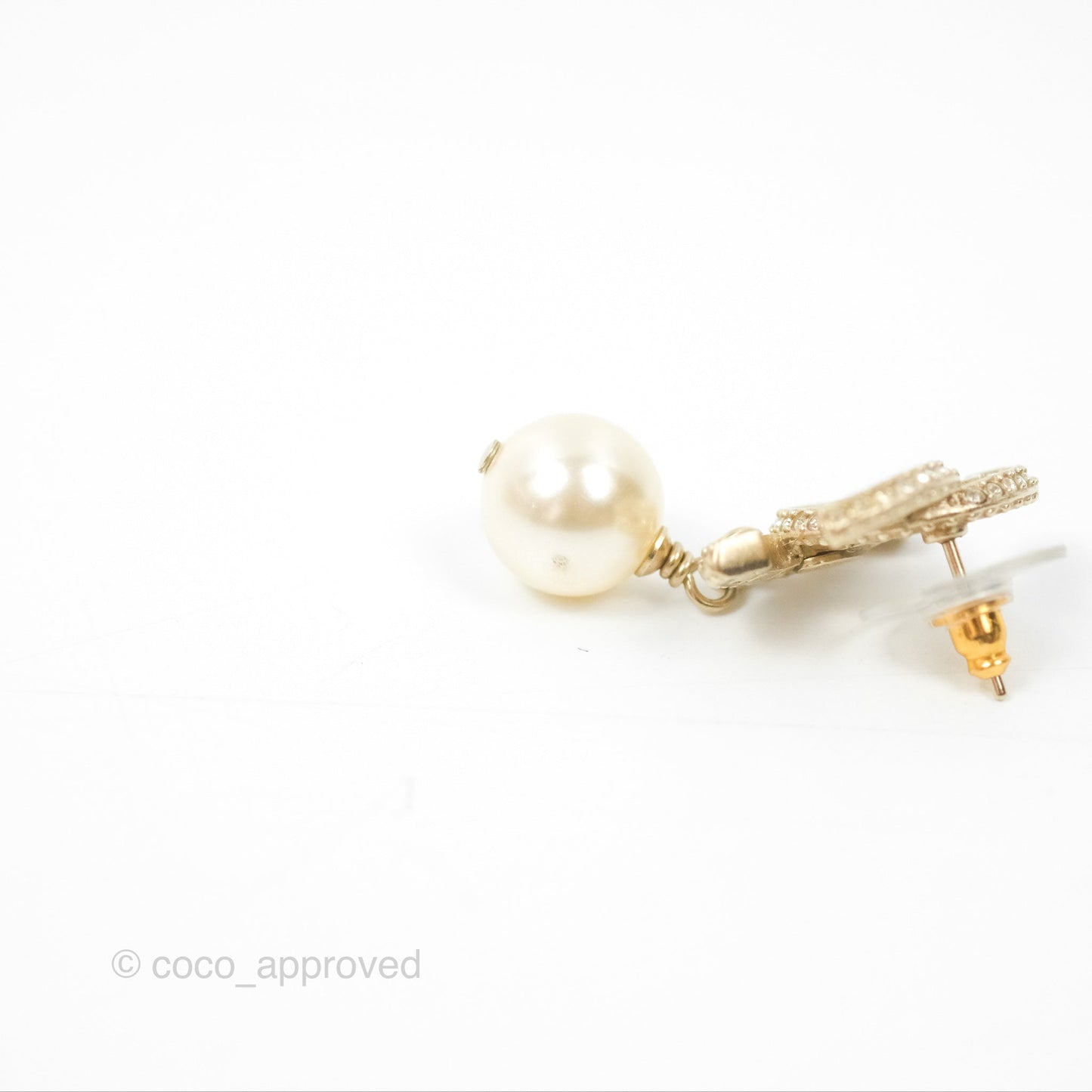 Chanel Crystal CC Pearl Drop Earrings Gold Tone 19V