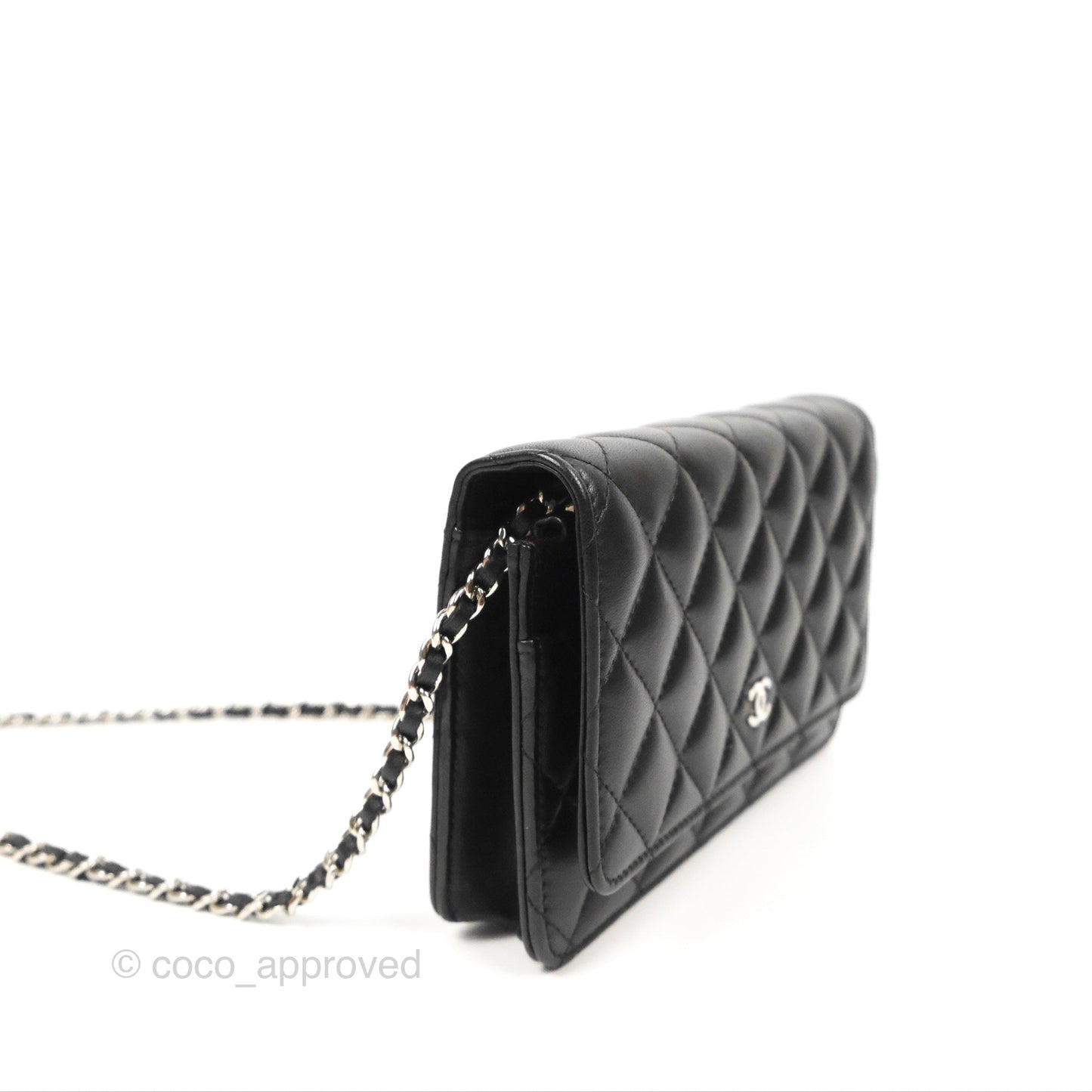 Chanel Classic Quilted Wallet On Chain WOC Black Lambskin Silver Hardware