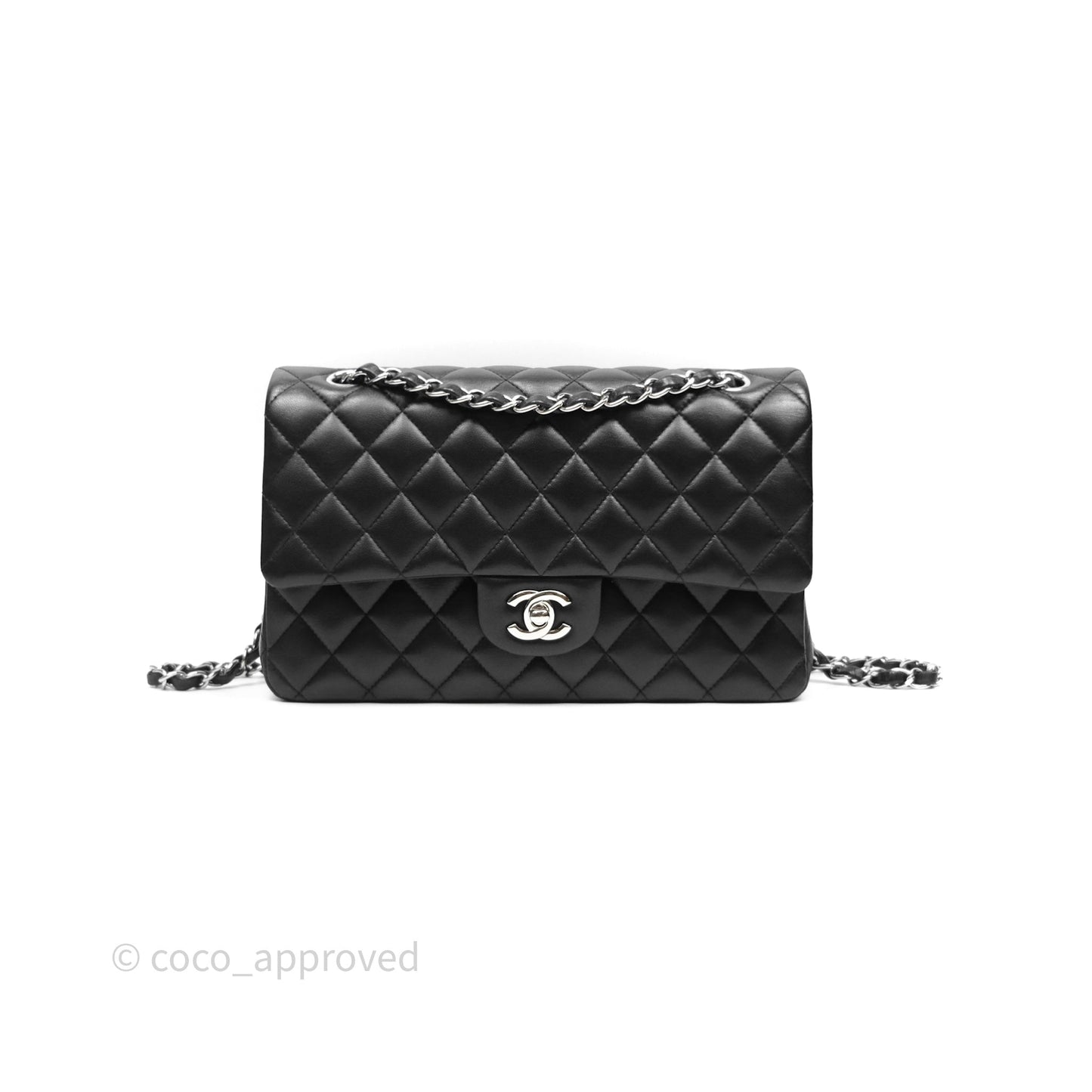 Chanel Classic M/L Medium Flap Quilted Black Lambskin Silver Hardware