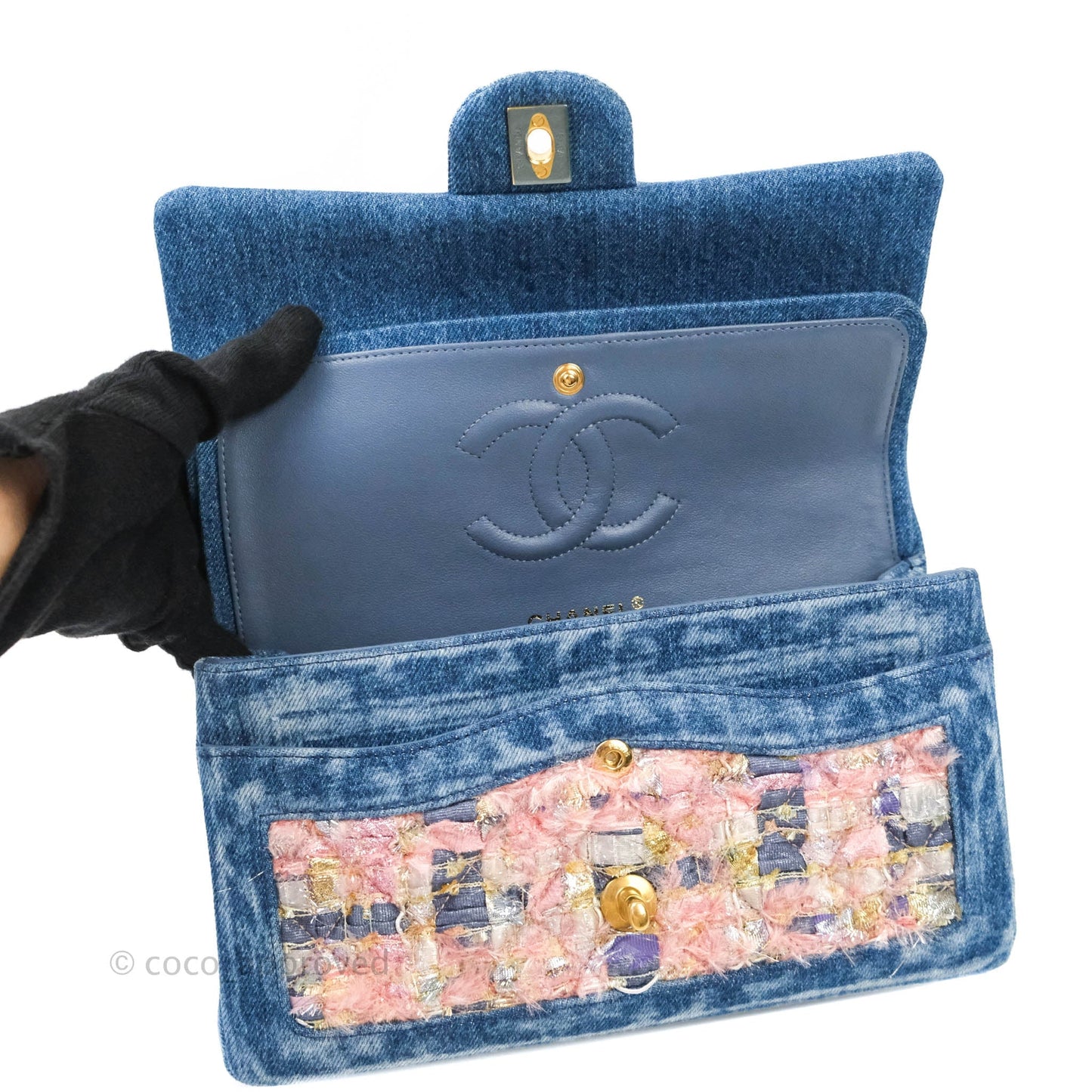 Chanel Quilted M/L Medium Double Flap Tweed Washed Denim Aged Gold Hardware
