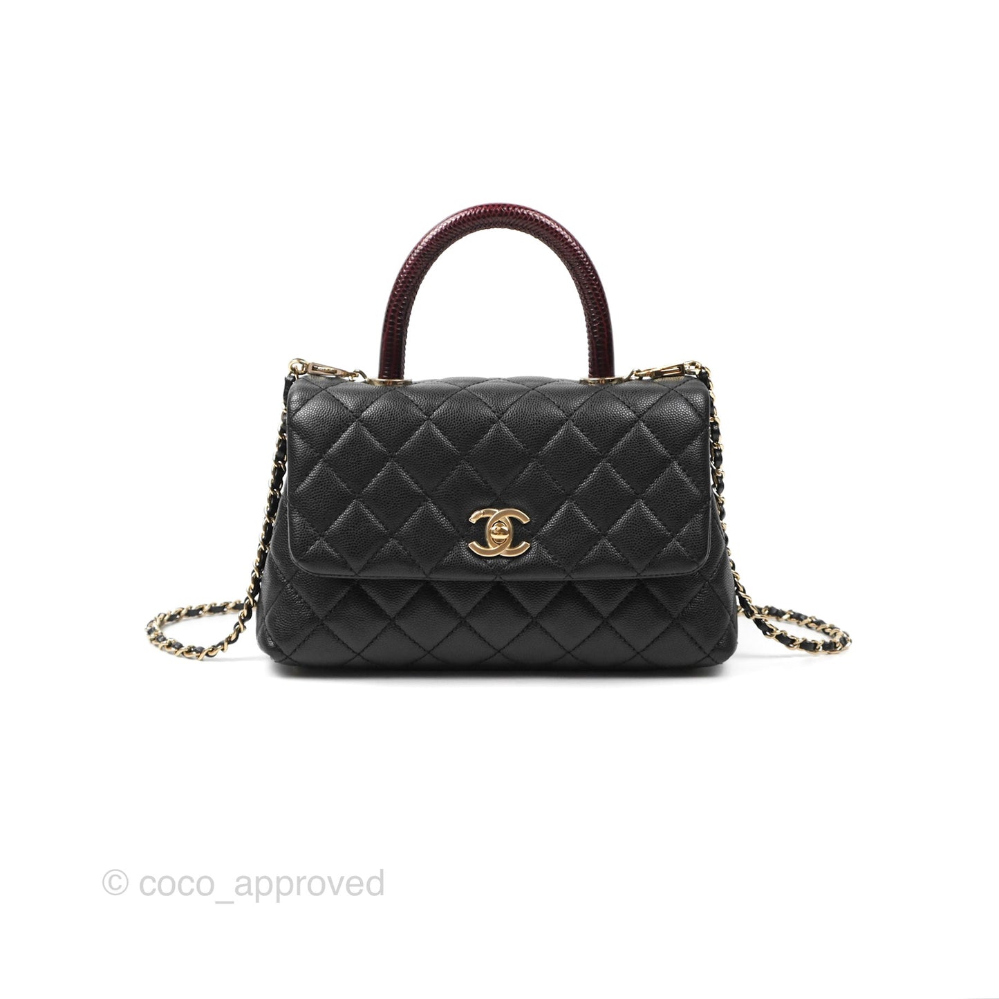 Chanel Small Coco Handle Black Caviar Gold Hardware Lizard Embossed Handle