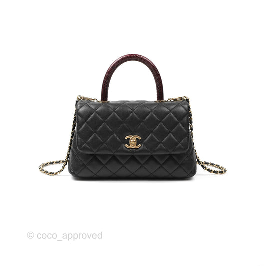Chanel Small Coco Handle Black Caviar Gold Hardware Lizard Embossed Handle