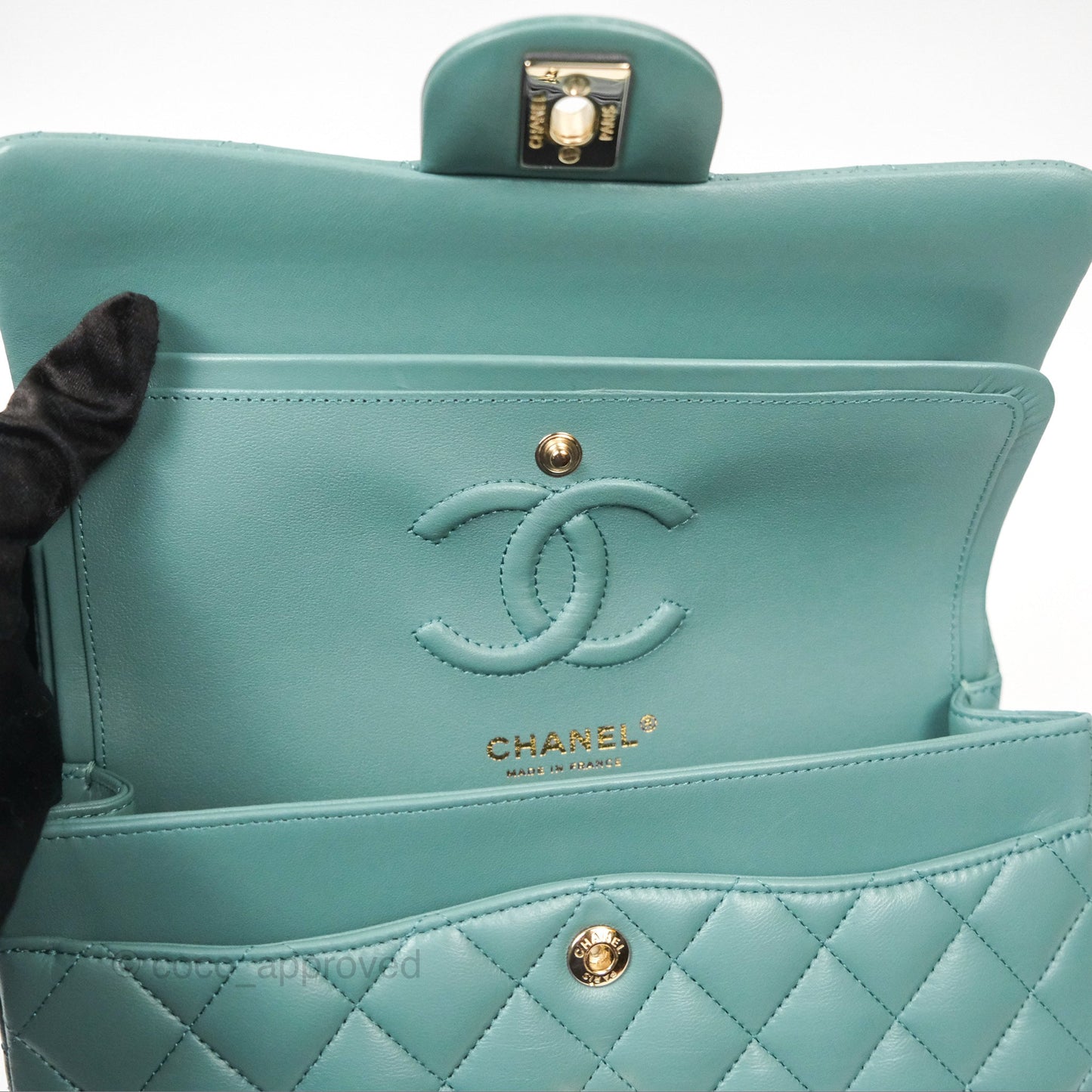 Chanel Small Quilted Classic Flap Dark Tiffany Green Lambskin Gold Hardware